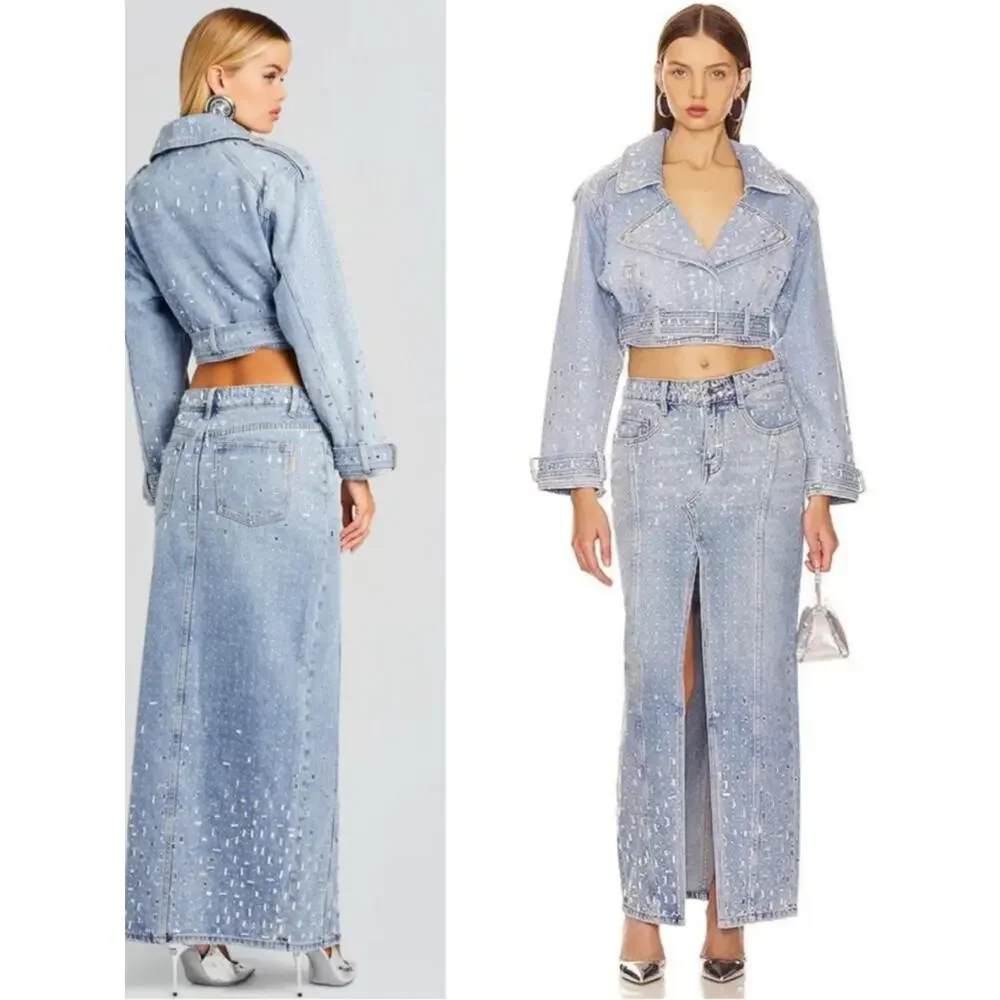 RETROFETE Palermo Sequin Embellished Denim Maxi Skirt Size 32